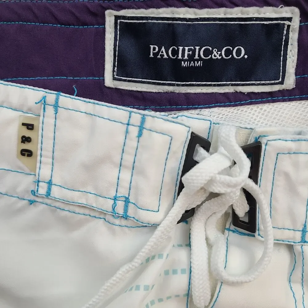 Pacific & Co Miami Board Shorts White Green Skull Surf Swim Trunks Mens 32